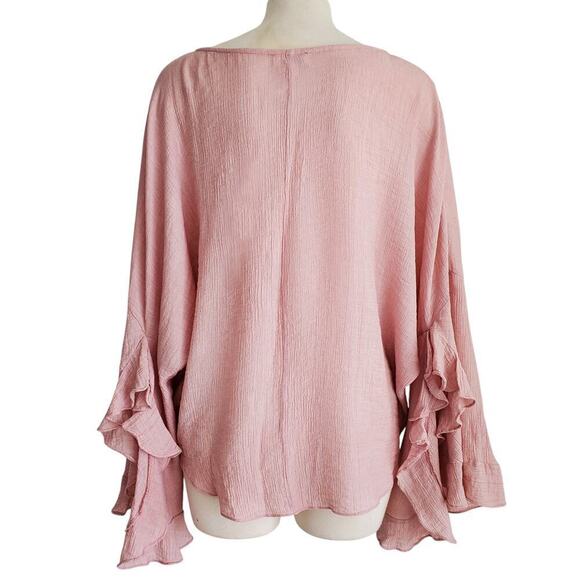 Umgee Blush Pink Crinkle Cotton Ruffle Bell Sleeve Oversized Relaxed M - Picture 3 of 15
